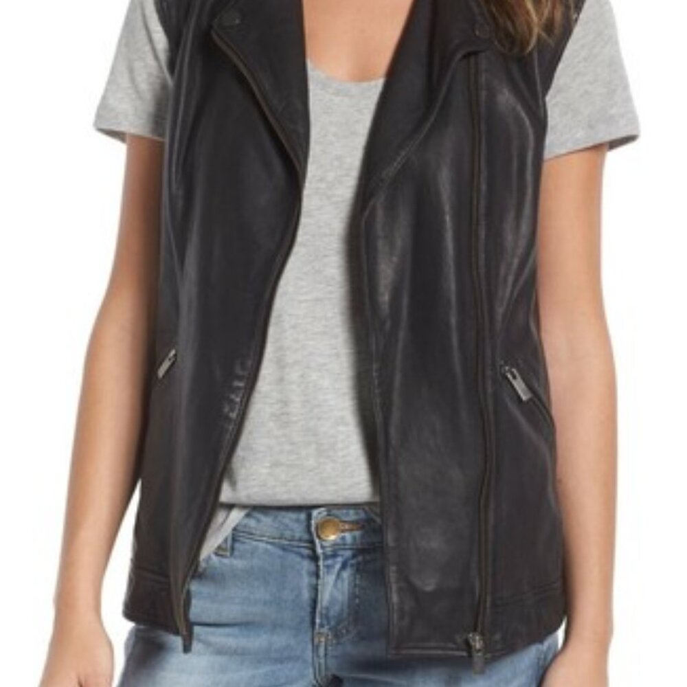 Nordstrom Halogen Black Leather Moto Biker Vest Size L